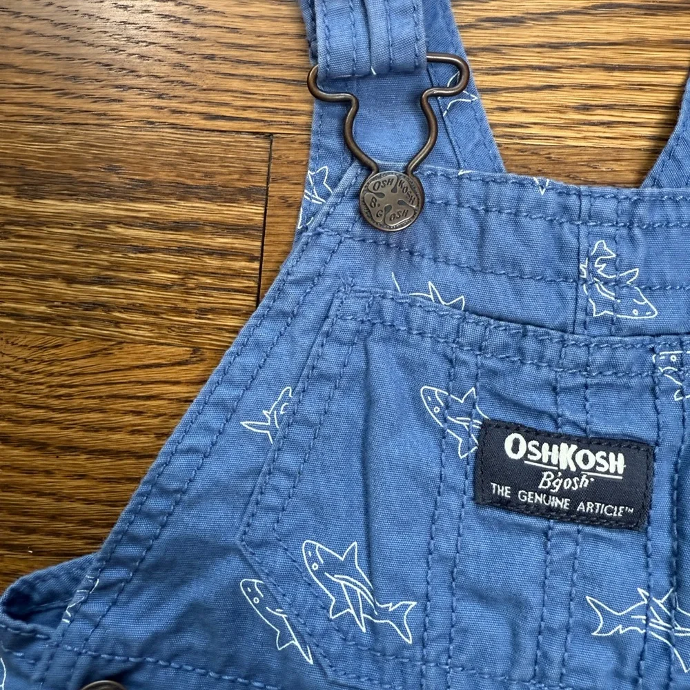 OshKosh B'gosh Kids Blue Cotton Shark Print Shortalls Size 6 Months